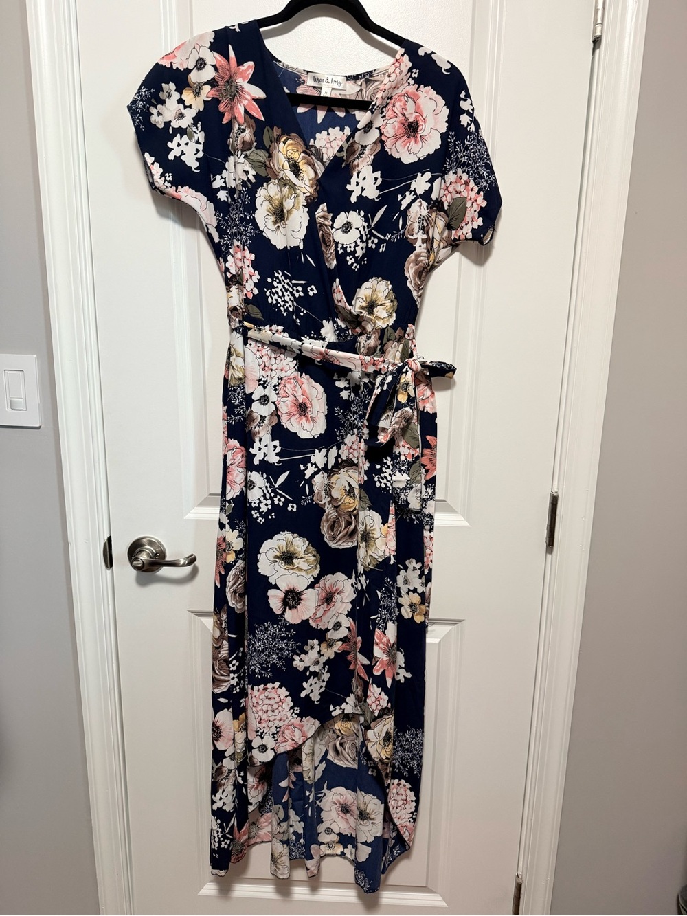 Navy Floral Wrap High-Low Dress with Pink & Cream Blooms